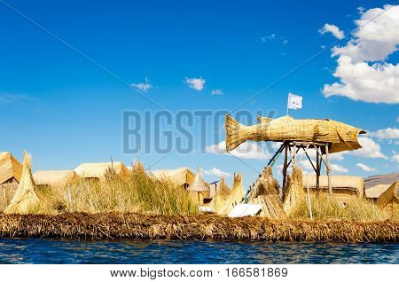 Large fish made of reeds on the manmade Uros Floating Islands on Lake Titicaca in Peru