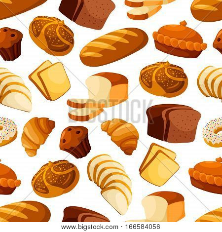Bread and bakery vector seamless pattern of wheat bread loaf, rye brick or bagel, sliced wheat bread toasts, crunch pie or cake, sweet croissant and chocolate muffin, glazed donut or cupcake dessert. Design for baker shop, patisserie