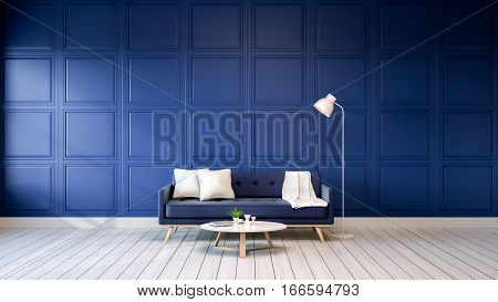 Modern interior of living room with armchairs on white flooring and dark blue wall .emptry room 3d rendering