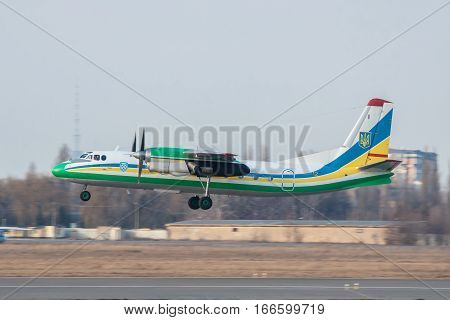 Kiev Ukraine - March 15 2011: Ukraine Border Guard Antonov An-24RV plane on a takeoff roll