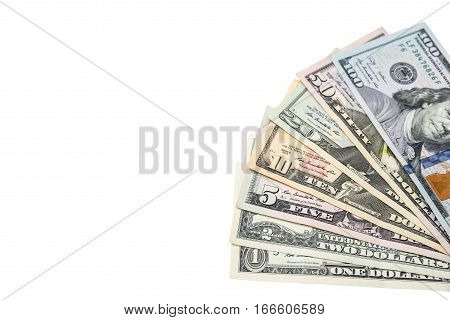 1 2 5 10 20 50 100 dollars bills isolated on white