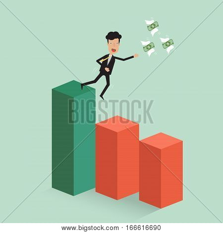 Businessman catch the money banknote flying with wing on stock graph fall down the risk red zone. Vector illustration business concept of stock market conceptual design.