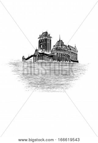 Medieval Czech castle drawn by hand in black ink isolated on white background. Sketh.