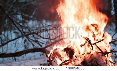 wires on fire. Firing winding insulation of electrical wiring in the fire in the winter woods