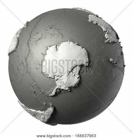 Globe model with detailed topography without water. Antarctica. 3d rendering isolated on white background. Elements of this image furnished by NASA