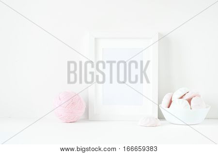 White soft frame mockup with pink marshmallows