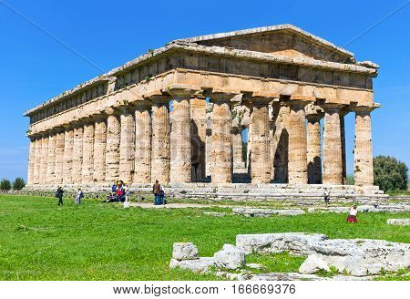 Paestum Italy - April 7 2011: Archaeological site the Temple of Neptune