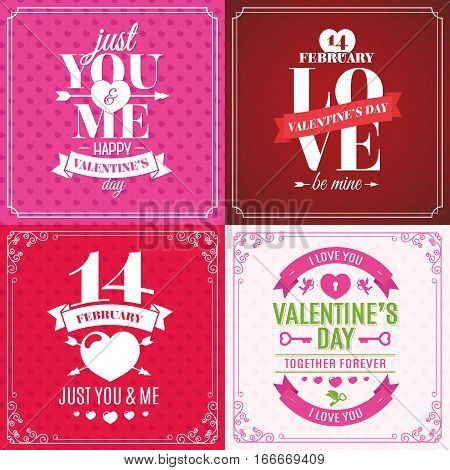 Happy Valentine's day card set on heart's background pink color. Vector design elements