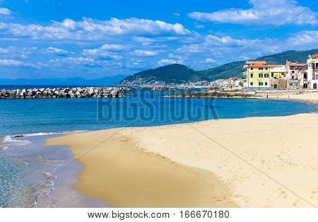 Italy Cilento Santa Maria di Castellabate the beach with the country in the background