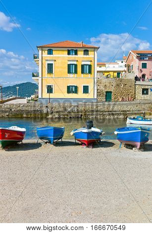 Santa Maria di Castellabate Italy - April 7 2011: Boats in the little harbor