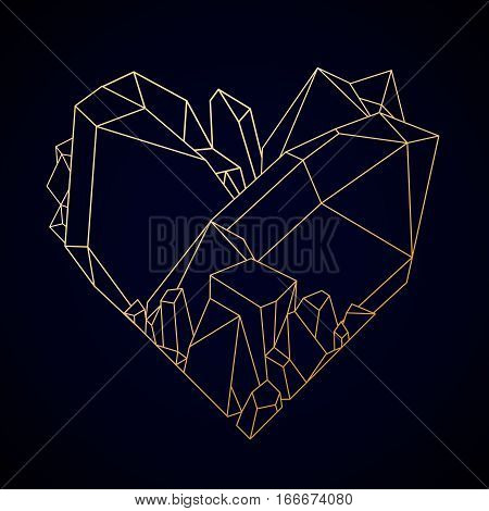 Graphic crystals in the shape of heart drawn in line art style. Vector Valentine day design in golden colors isolated on the dark backgroundd