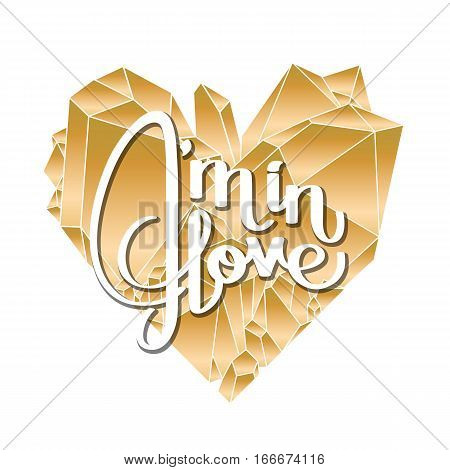 Graphic crystals in the shape of heart with romantic lettering on it. Vector Valentine day design in golden colors isolated on white backgroundd