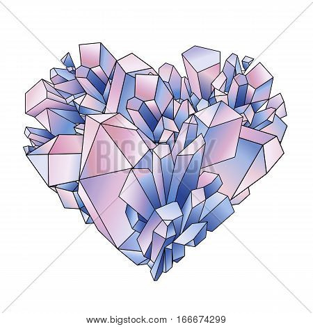 Graphic crystals in the shape of heart. Vector Valentine day design in pastel colors isolated on white backgroundd
