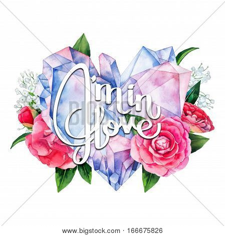 Watercolor crystals in the shape of heart with camellia decorations. Hand drawn Valentine day design in pastel colors isolated on white backgroundd
