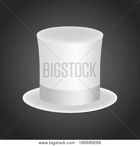 White gentleman hat cylinder with silk ribbon. Elegance and luxury symbol. Volumetric icon isolated on a dark background. Vector Illustration. EPS10 format.
