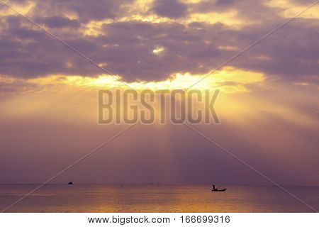 colorful sunset on Phu Quock island Vietnam sun ray go through the cloud