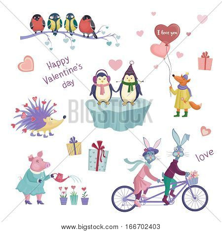 Set of vector animals cute Valentine's Day. Penguins hares on the bike fox with balloons. The characters for your design
