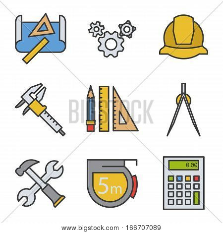 Engineering color icons set. Drawing, gears, helmet, caliper, divider, hammer and wrench, measuring tape, calculator, pencil with rulers Logo concepts Vector isolated illustration