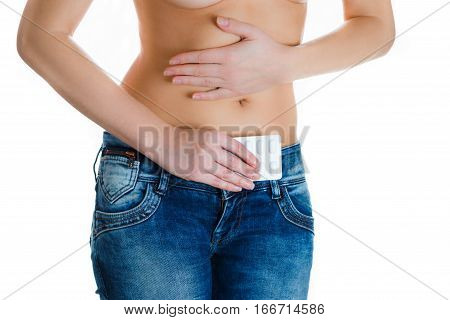 Stomach pain or menstrual pain. Woman with pains in abdomen.