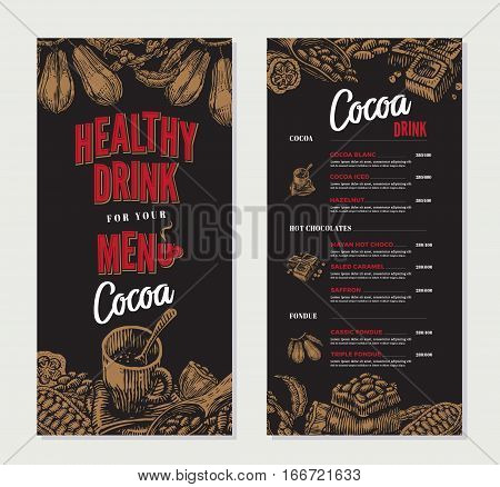 Cocoa engraved restaurant menu template with hot drinks desserts and tasty natural dishes vector illustration