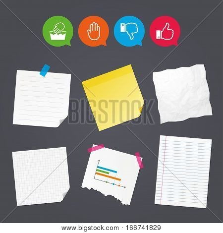 Business paper banners with notes. Hand icons. Like and dislike thumb up symbols. Not machine washable sign. Stop no entry. Sticky colorful tape. Speech bubbles with icons. Vector