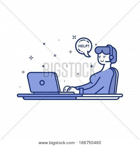 Vector illustration of blue icon in flat line style. Linear cute and happy woman with headphones and laptop. Graphic design concept of online support use in Web Project. Outline isolated object.