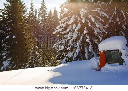 Car Covered With Snow In The Forest