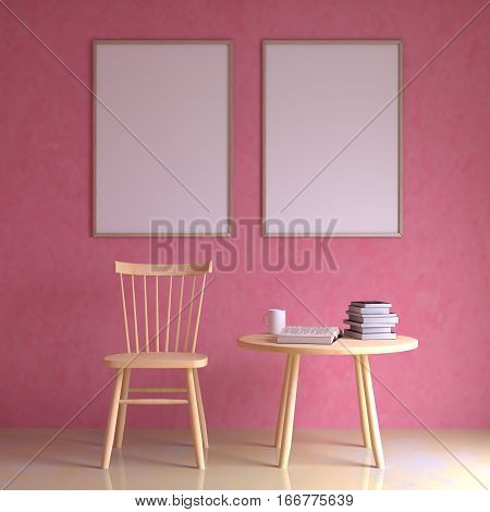 Mockup poster in the interior with a chair and a table, 3d rendering