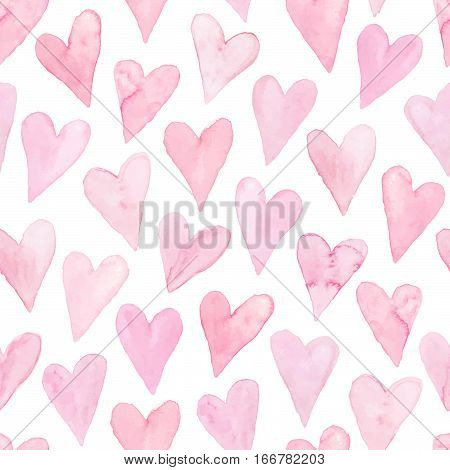 Watercolor hearts seamless background. Pink watercolor heart pattern. Colorful watercolor romantic texture.
