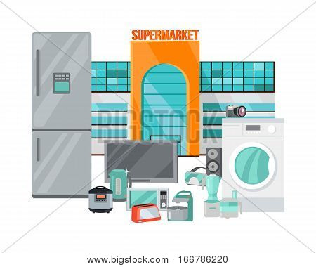 Supermarket sale. Household appliances in flat style. Illustration for electronics stores advertising. Electric equipment for every day use. Big sale concept. Set of electronic devices. Vector