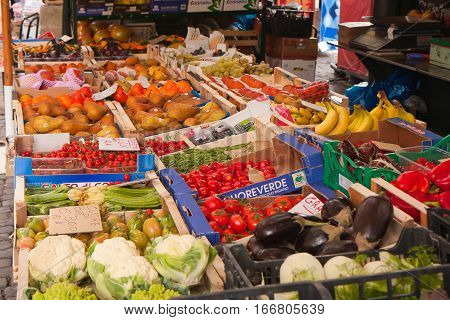 Rome Italy - November 11 2014: A stand with colorful fruits and vegetables on a bazaar in Rome