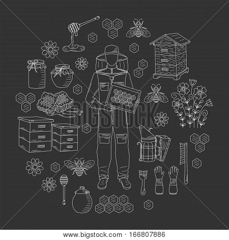 Beekeeping honey collection with apiculture equipment, beekeeper, smoker, beehive, bee, honeycomb, jar and dipper stick isolated on black background. Hand drawn, doodle style illustration.