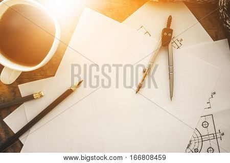 The Workplace of Designer. White sheet, Circinus