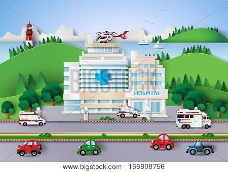hospital building and emergency transport. paper art style.