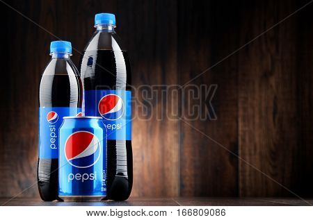 POZNAN POLAND - JAN 18 2017: Pepsi is a carbonated soft drink produced and manufactured by PepsiCo. The beverage was created and developed in 1893 under the name Brad's Drink