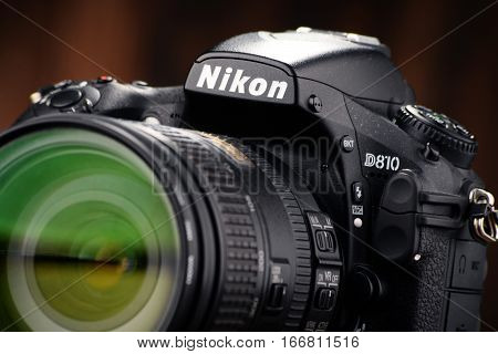 POZNAN POLAND - JAN 20 2017: Nikon is a Japanese multinational corporation headquartered in Tokyo Japan specializing in optics and imaging products including cameras camera lenses.