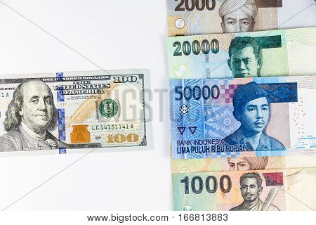 Close up view of US Dollar and Indonesia Rupiah indicating strong currency exchange rate