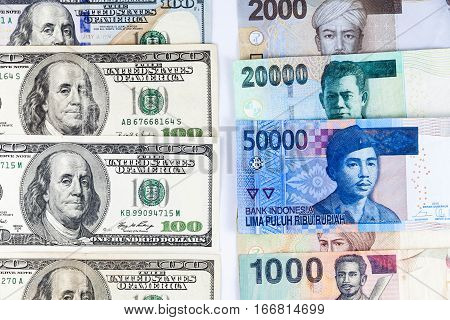 Close up view of US Dollar and Indonesia Rupiah indicating strong currency exchange rate