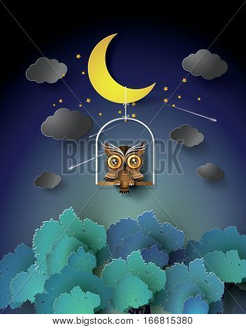 Owl standing on the cage over the jungle.