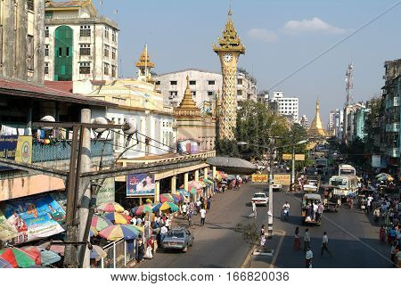 Mahabandoola road with at the end the pagoda of Sule Paya at Yangon on Myanmar