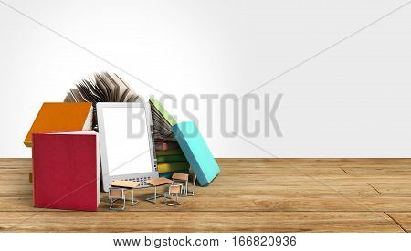 E-book Reader Books And Tablet 3D Render Om Wood Flor Success Knowlege Concept