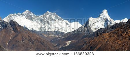 Panoramic view of Mount Everest Lhotse and Ama Dablam from Kongde - Sagarmatha national park - Nepal