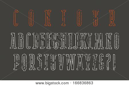 Contour narrow serif font in the style of hand-drawn graphics. Isolated on black background