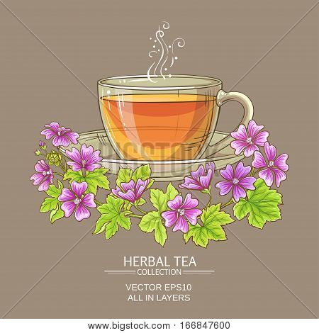 cup of malva tea on color background