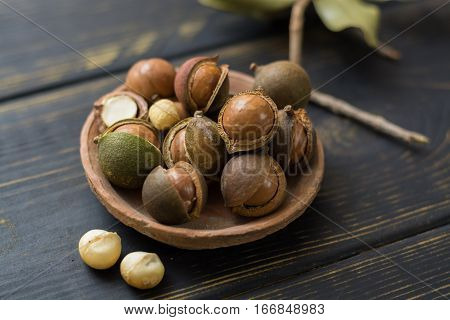 Macadamia nuts in shell on wooden table