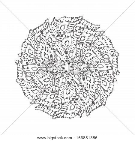 Graphic Mandala with many decorative petals. Zentangle inspired style. Coloring book page for adults and older children. Art vector illustration