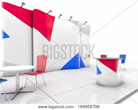 Blank creative exhibition stand design with color shapes. Booth template. Corporate marks and corporate identity. 3D rendering