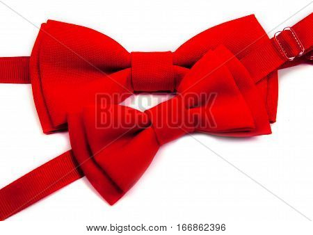 two red bow tie on an isolated white background. Big and small for dad and child