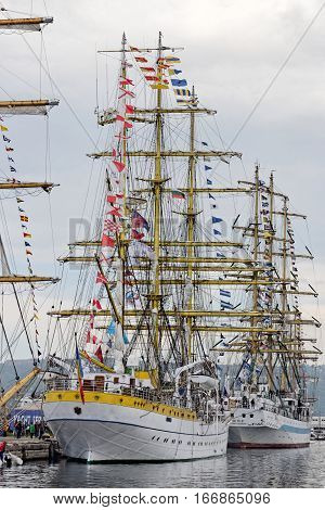 VARNA, BULGARIA - APRIL 30, 2014: Varna is a host of the international maritime event - the SCF Black Sea Tall Ships Regatta. The Romanian 