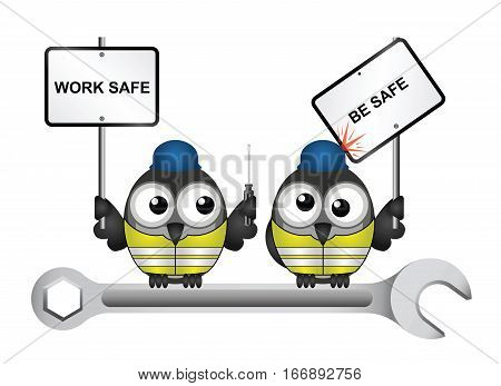 Comical construction workers with health and safety work safe be safe message perched on 
a spanner isolated on white background